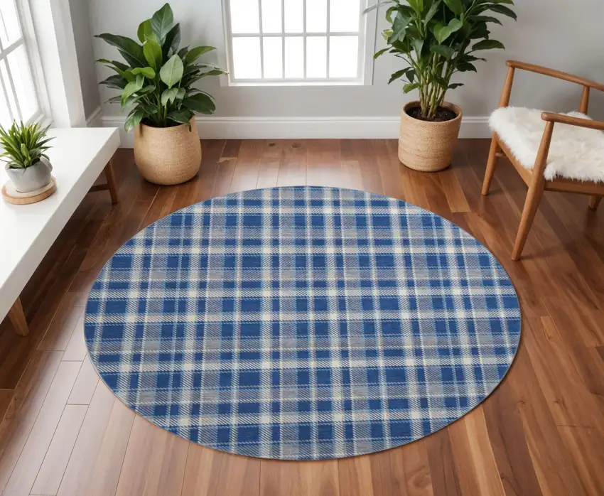 8' Navy Blue And Ivory Plaid Washable Round Rug With UV Protection Photo 2
