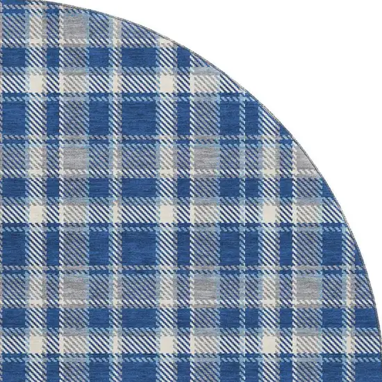 8' Navy Blue And Ivory Plaid Washable Round Rug With UV Protection Photo 4