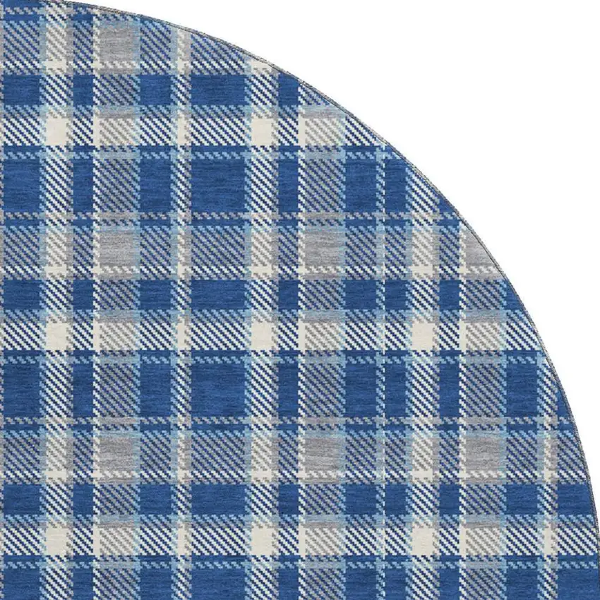 8' Navy Blue And Ivory Plaid Washable Round Rug With UV Protection Photo 4