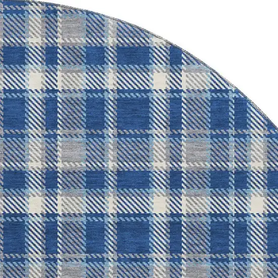 8' Navy Blue And Ivory Plaid Washable Round Rug With UV Protection Photo 3