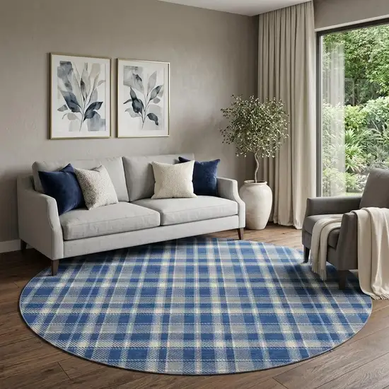 8' Navy Blue And Ivory Plaid Washable Round Rug With UV Protection Photo 1