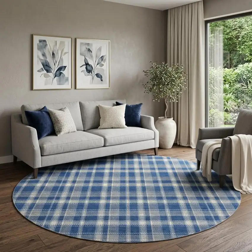 8' Navy Blue And Ivory Plaid Washable Round Rug With UV Protection Photo 1