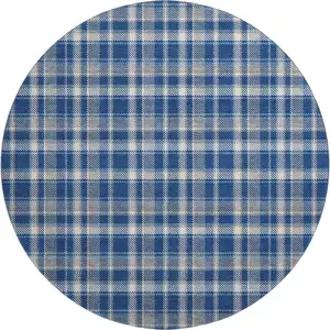 Photo of 8' Navy Blue And Ivory Plaid Washable Round Rug With UV Protection