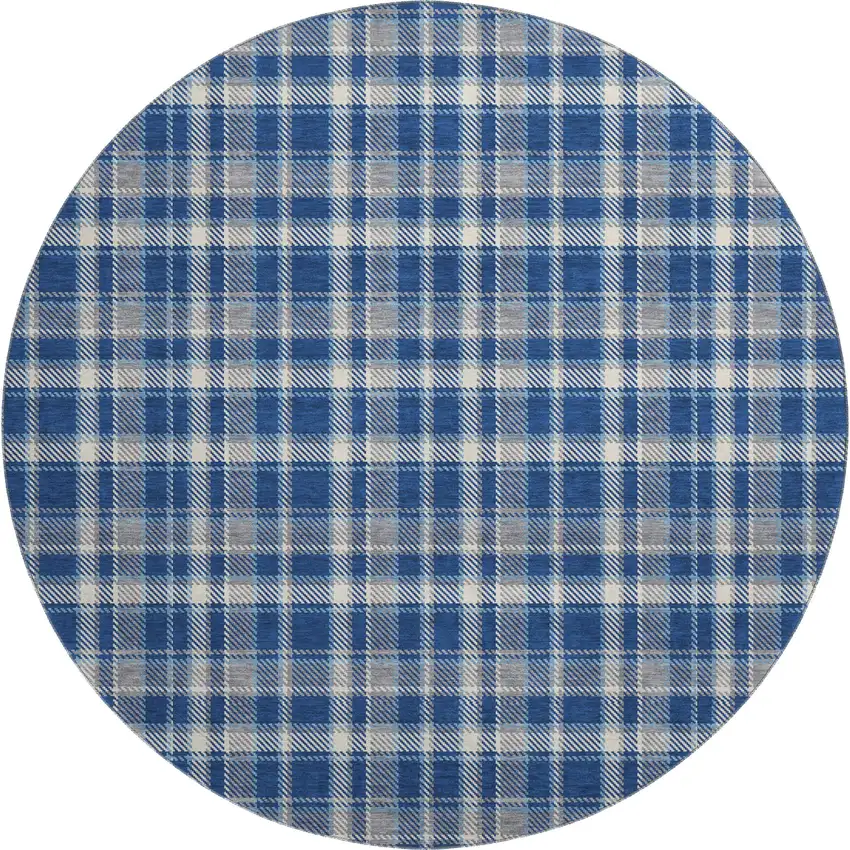 8' Navy Blue And Ivory Plaid Washable Round Rug With UV Protection Photo 1