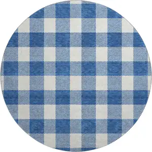 Photo of 8' Navy Blue And Ivory Plaid Washable Round Rug With UV Protection