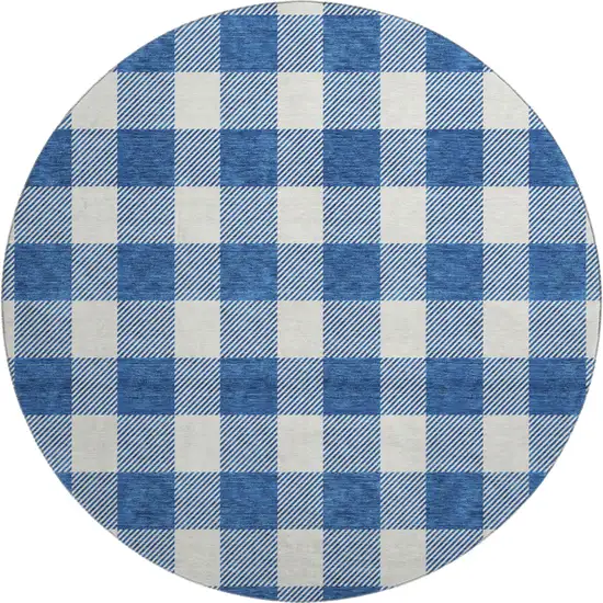 8' Navy Blue And Ivory Plaid Washable Round Rug With UV Protection Photo 1