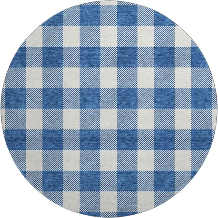 8' Navy Blue And Ivory Plaid Washable Round Rug With UV Protection Photo 1