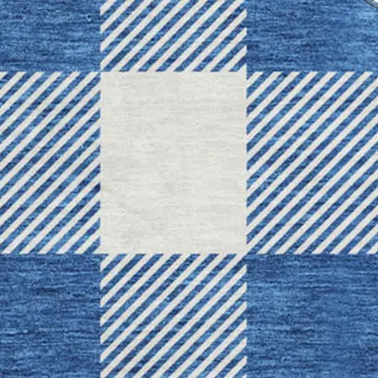 8' Navy Blue And Ivory Plaid Washable Round Rug With UV Protection Photo 2