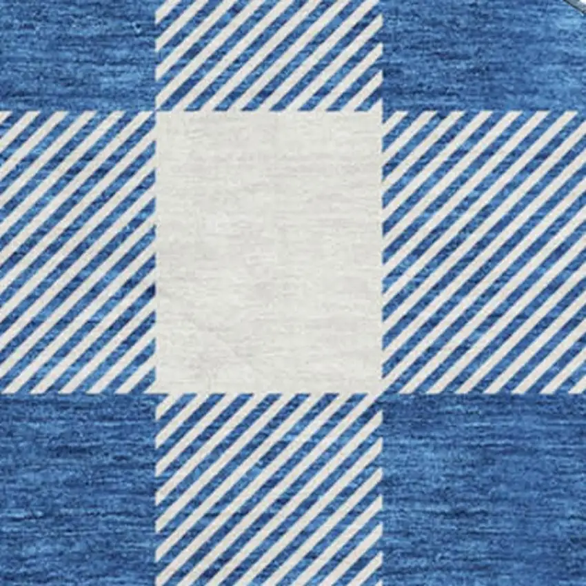 8' Navy Blue And Ivory Plaid Washable Round Rug With UV Protection Photo 2