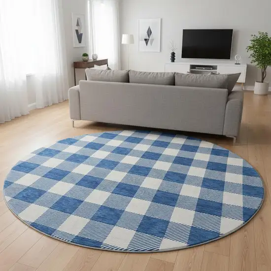 8' Navy Blue And Ivory Plaid Washable Round Rug With UV Protection Photo 2