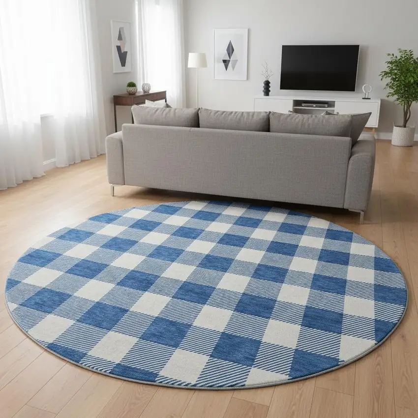 8' Navy Blue And Ivory Plaid Washable Round Rug With UV Protection Photo 2