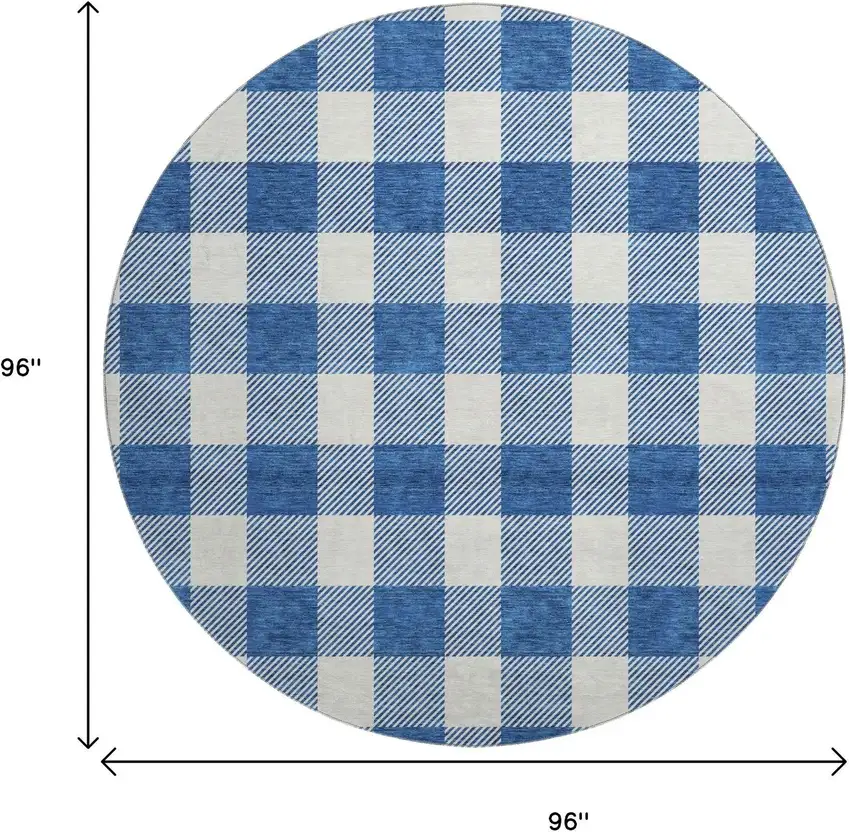 8' Navy Blue And Ivory Plaid Washable Round Rug With UV Protection Photo 9
