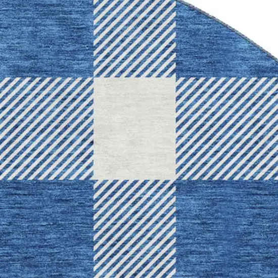 8' Navy Blue And Ivory Plaid Washable Round Rug With UV Protection Photo 3