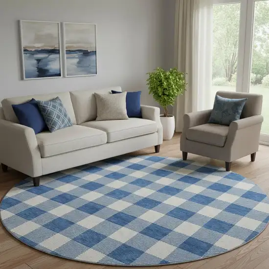 8' Navy Blue And Ivory Plaid Washable Round Rug With UV Protection Photo 1
