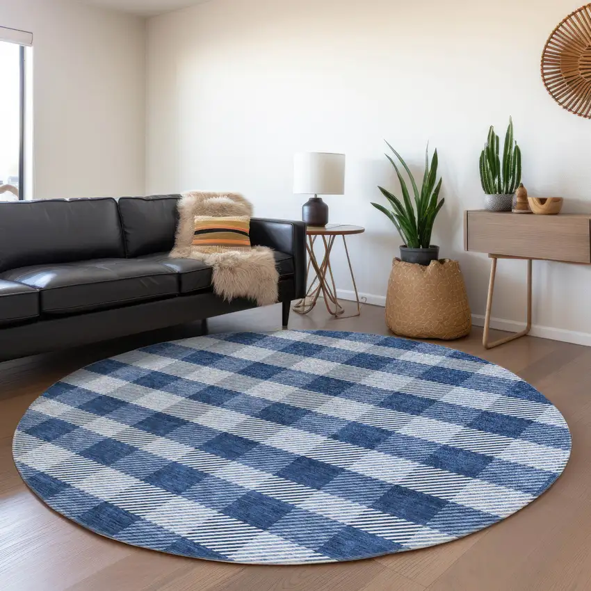8' Navy Blue And Ivory Plaid Washable Round Rug With UV Protection Photo 4