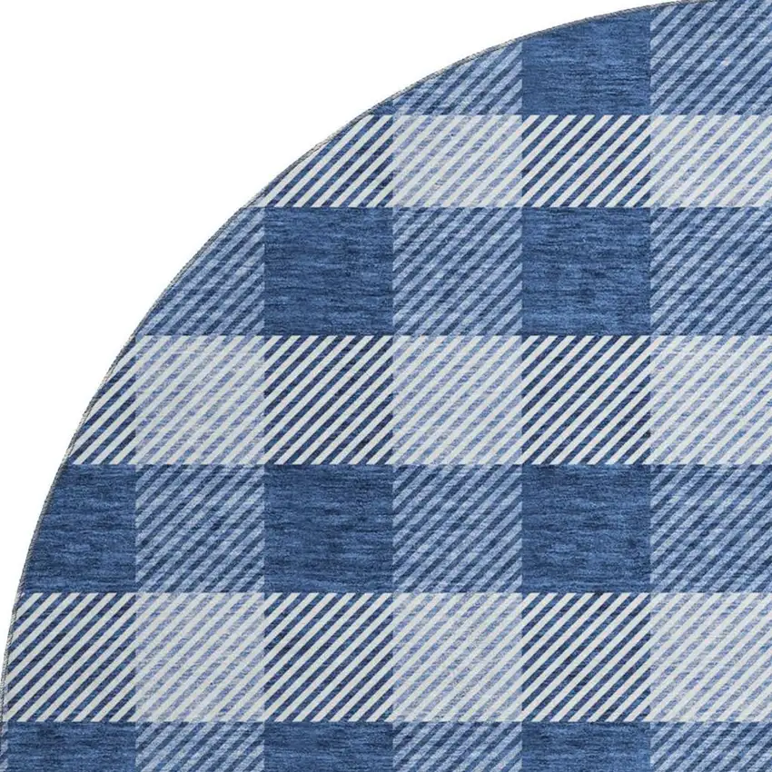 8' Navy Blue And Ivory Plaid Washable Round Rug With UV Protection Photo 3