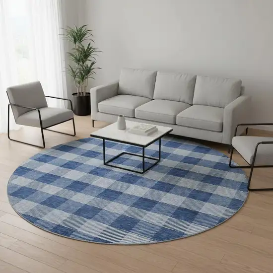 8' Navy Blue And Ivory Plaid Washable Round Rug With UV Protection Photo 2