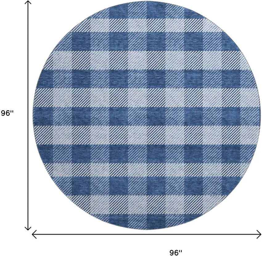 8' Navy Blue And Ivory Plaid Washable Round Rug With UV Protection Photo 9