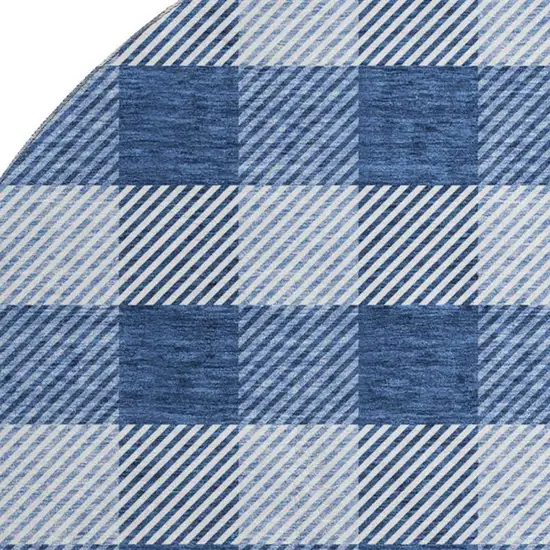 8' Navy Blue And Ivory Plaid Washable Round Rug With UV Protection Photo 2