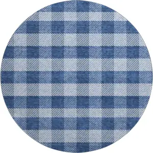 Photo of 8' Navy Blue And Ivory Plaid Washable Round Rug With UV Protection