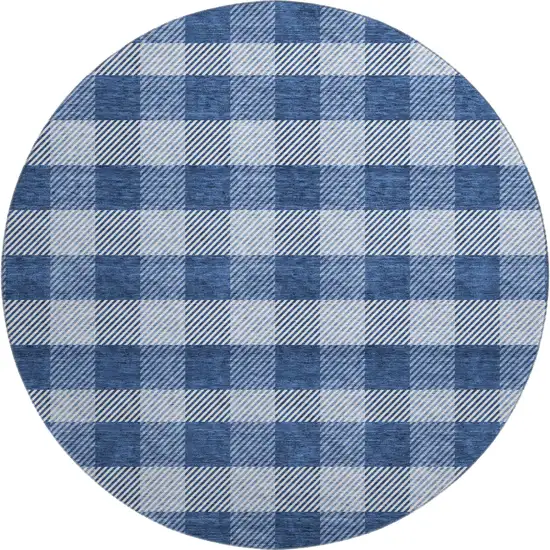 8' Navy Blue And Ivory Plaid Washable Round Rug With UV Protection Photo 1