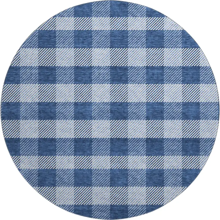8' Navy Blue And Ivory Plaid Washable Round Rug With UV Protection Photo 1