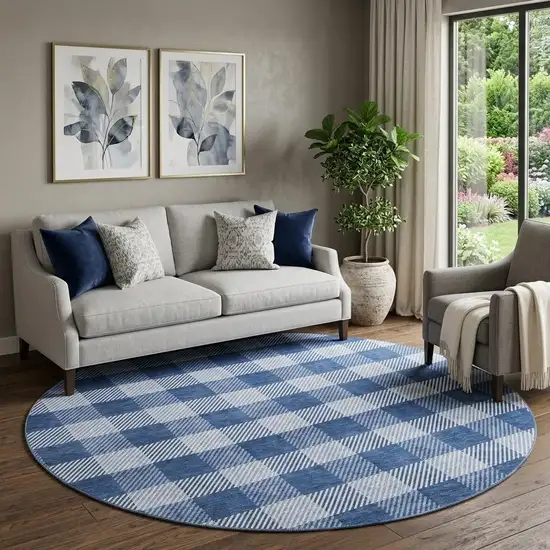 8' Navy Blue And Ivory Plaid Washable Round Rug With UV Protection Photo 1