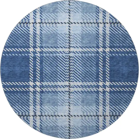 8' Navy Blue And Ivory Plaid Washable Round Rug With UV Protection Photo 3
