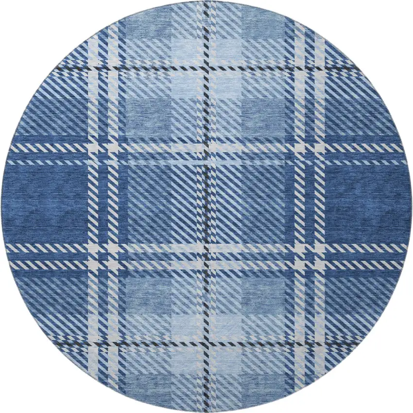 8' Navy Blue And Ivory Plaid Washable Round Rug With UV Protection Photo 3