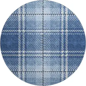 Photo of 8' Navy Blue And Ivory Plaid Washable Round Rug With UV Protection