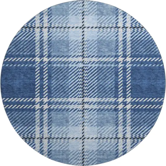 8' Navy Blue And Ivory Plaid Washable Round Rug With UV Protection Photo 1