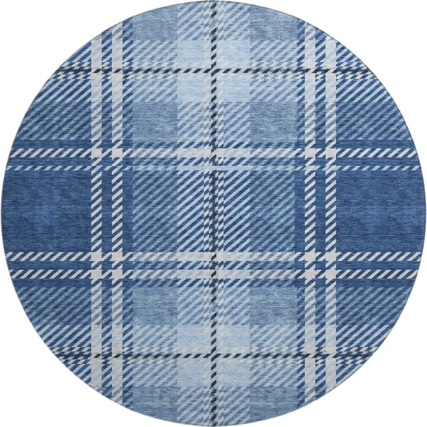 8' Navy Blue And Ivory Plaid Washable Round Rug With UV Protection Photo 1