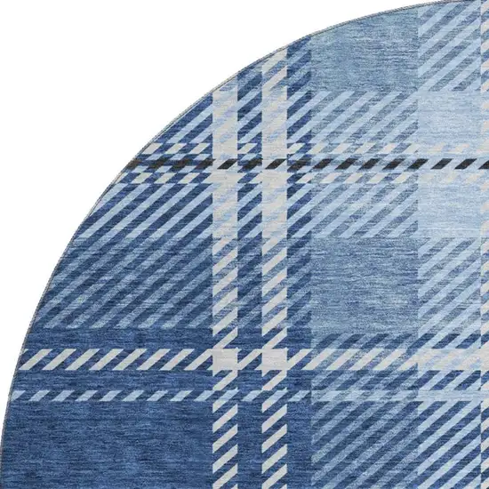 8' Navy Blue And Ivory Plaid Washable Round Rug With UV Protection Photo 2