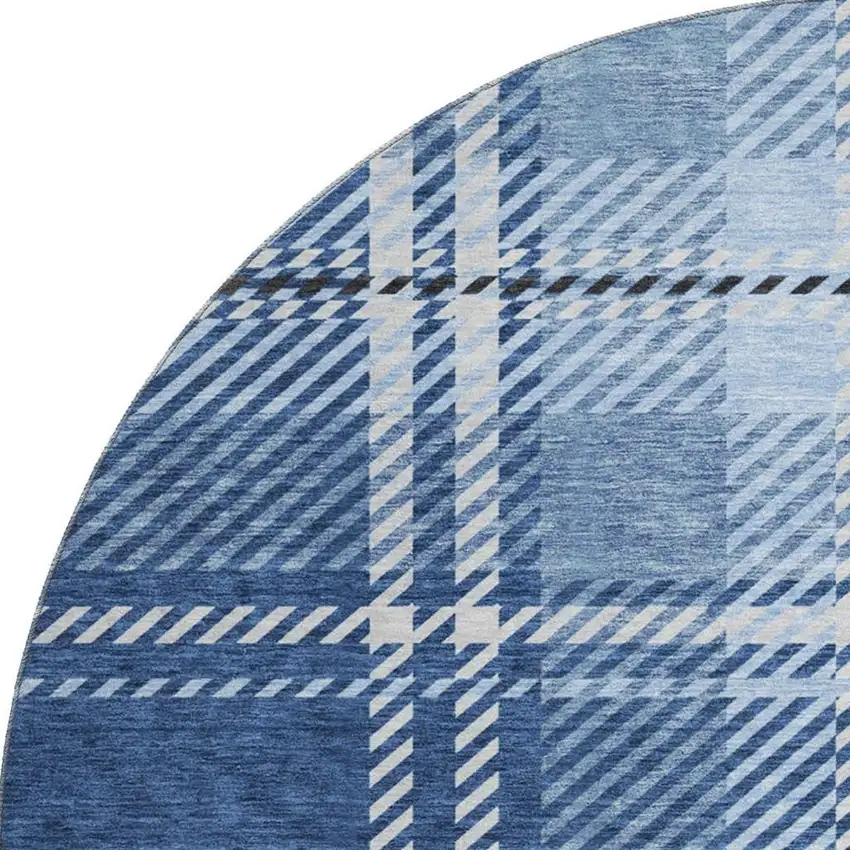 8' Navy Blue And Ivory Plaid Washable Round Rug With UV Protection Photo 2