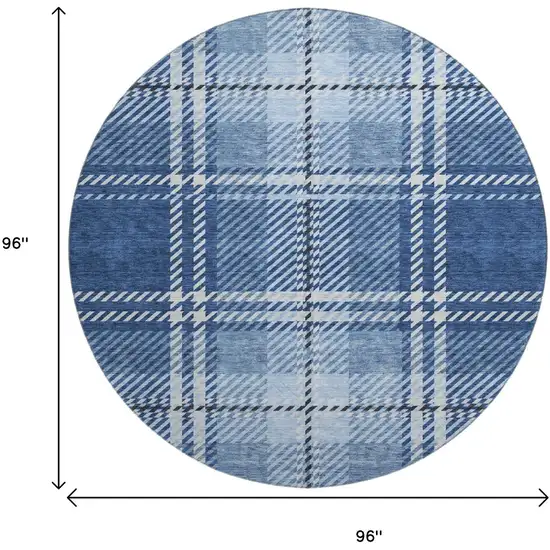 8' Navy Blue And Ivory Plaid Washable Round Rug With UV Protection Photo 9