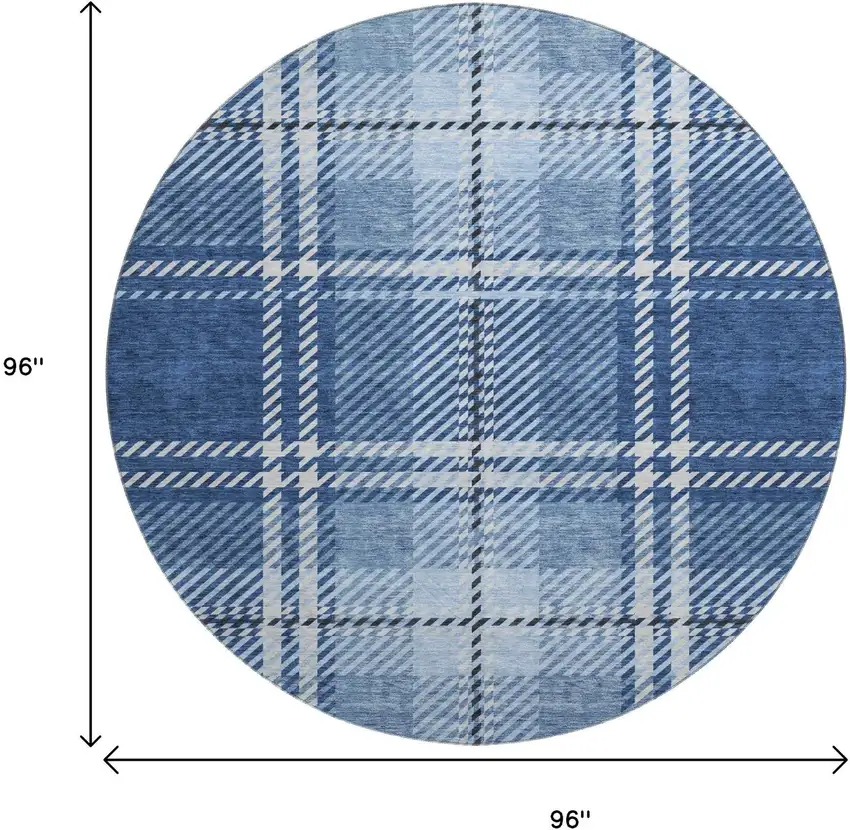 8' Navy Blue And Ivory Plaid Washable Round Rug With UV Protection Photo 9