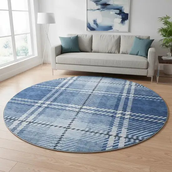 8' Navy Blue And Ivory Plaid Washable Round Rug With UV Protection Photo 2