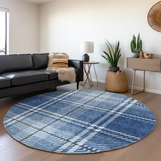 8' Navy Blue And Ivory Plaid Washable Round Rug With UV Protection Photo 4