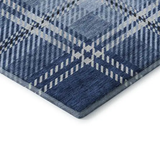 8' Navy Blue And Ivory Plaid Washable Round Rug With UV Protection Photo 6