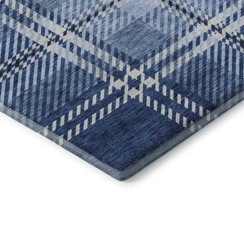 8' Navy Blue And Ivory Plaid Washable Round Rug With UV Protection Photo 6