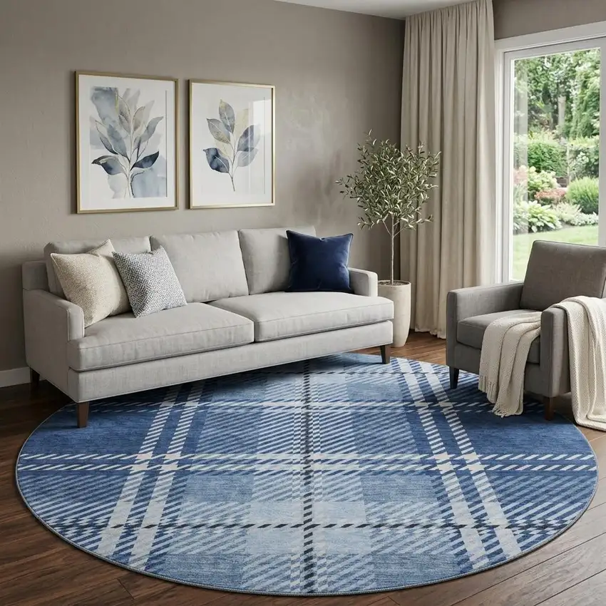 8' Navy Blue And Ivory Plaid Washable Round Rug With UV Protection Photo 1