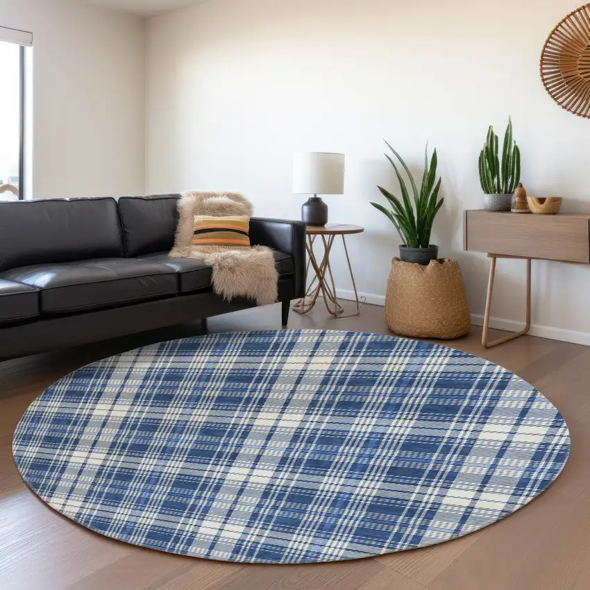 8' Navy Blue And Ivory Plaid Washable Round Rug With UV Protection Photo 4