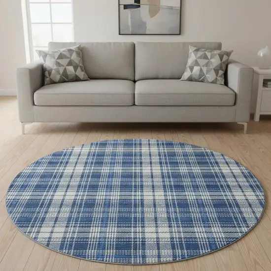 8' Navy Blue And Ivory Plaid Washable Round Rug With UV Protection Photo 2