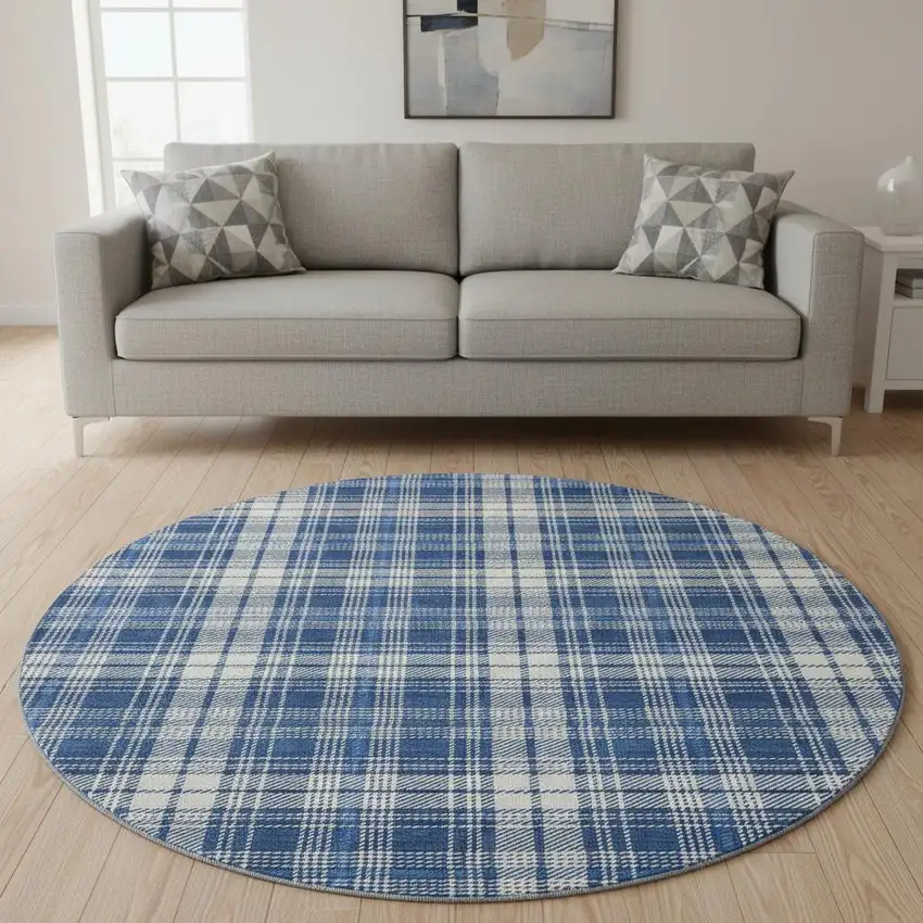 8' Navy Blue And Ivory Plaid Washable Round Rug With UV Protection Photo 2