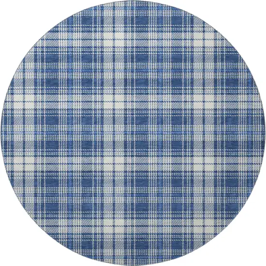 8' Navy Blue And Ivory Plaid Washable Round Rug With UV Protection Photo 3