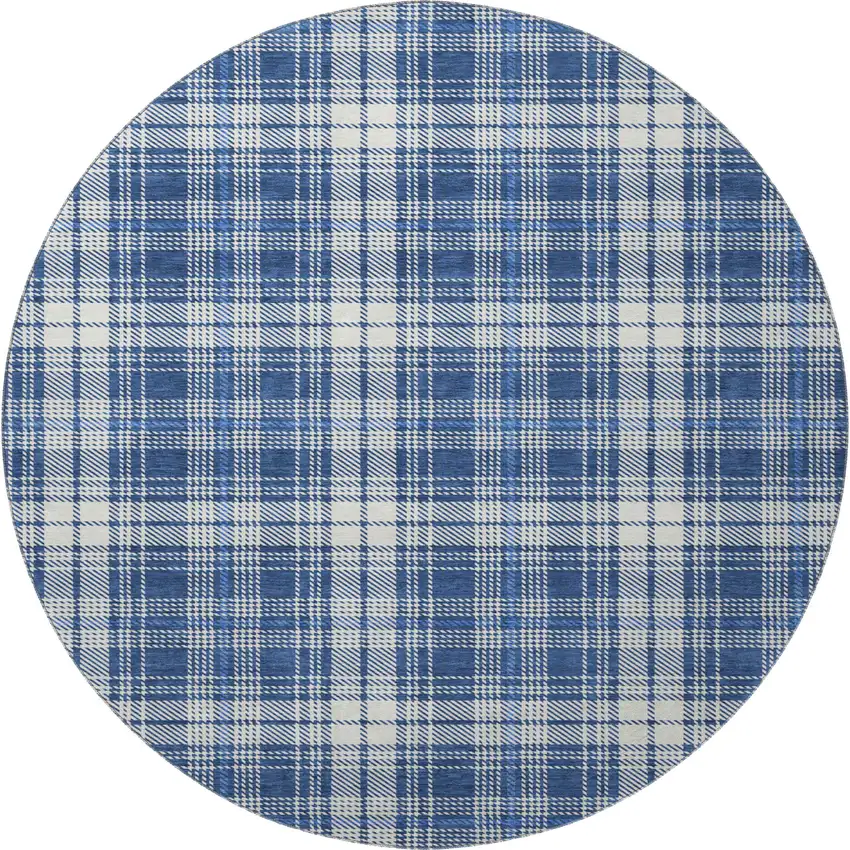 8' Navy Blue And Ivory Plaid Washable Round Rug With UV Protection Photo 3