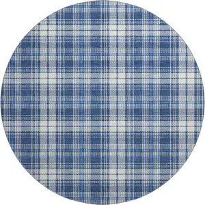 Photo of 8' Navy Blue And Ivory Plaid Washable Round Rug With UV Protection