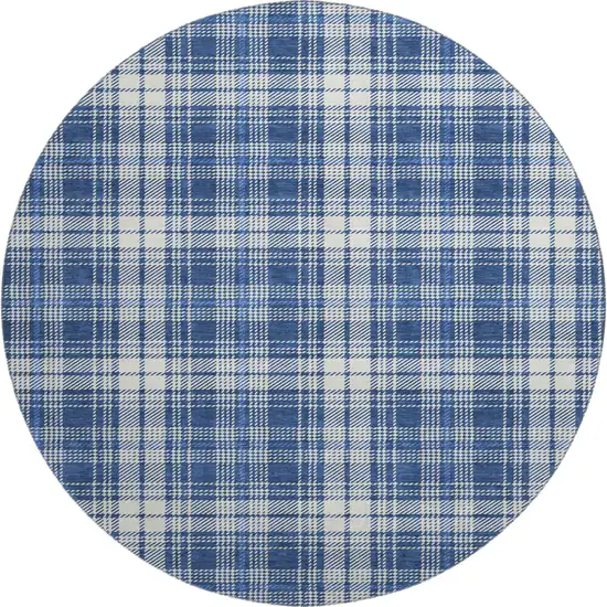 8' Navy Blue And Ivory Plaid Washable Round Rug With UV Protection Photo 1