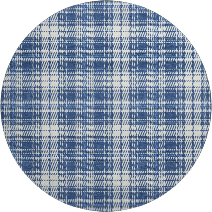 8' Navy Blue And Ivory Plaid Washable Round Rug With UV Protection Photo 1