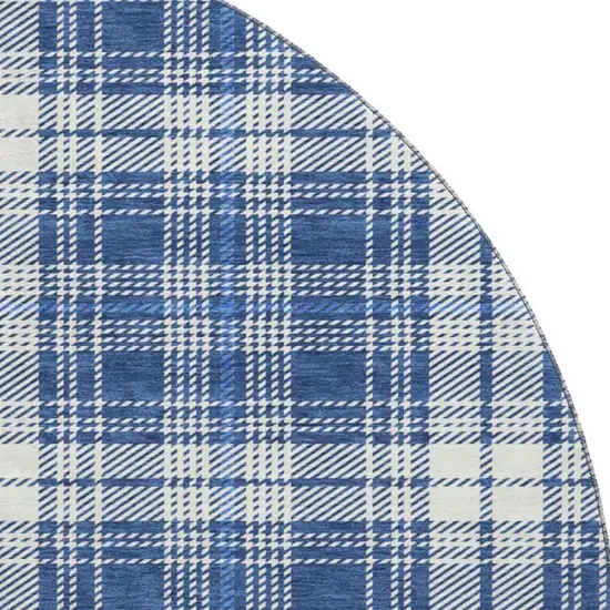8' Navy Blue And Ivory Plaid Washable Round Rug With UV Protection Photo 2